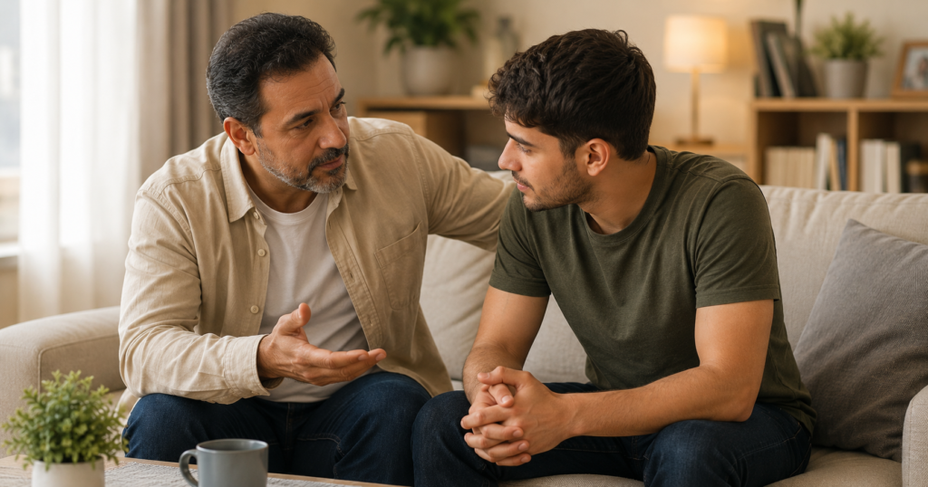 أسرة تتحدث مع قريبها لإقناع المدمن بالعلاج بأسلوب داعم