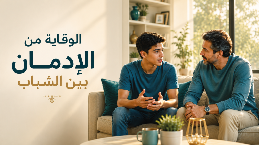 استراتيجيات الوقاية من الإدمان بين الشباب ودور الأسرة · Caption: الوقاية تبدأ من البيت، بالحوار والثقة قبل المنع.