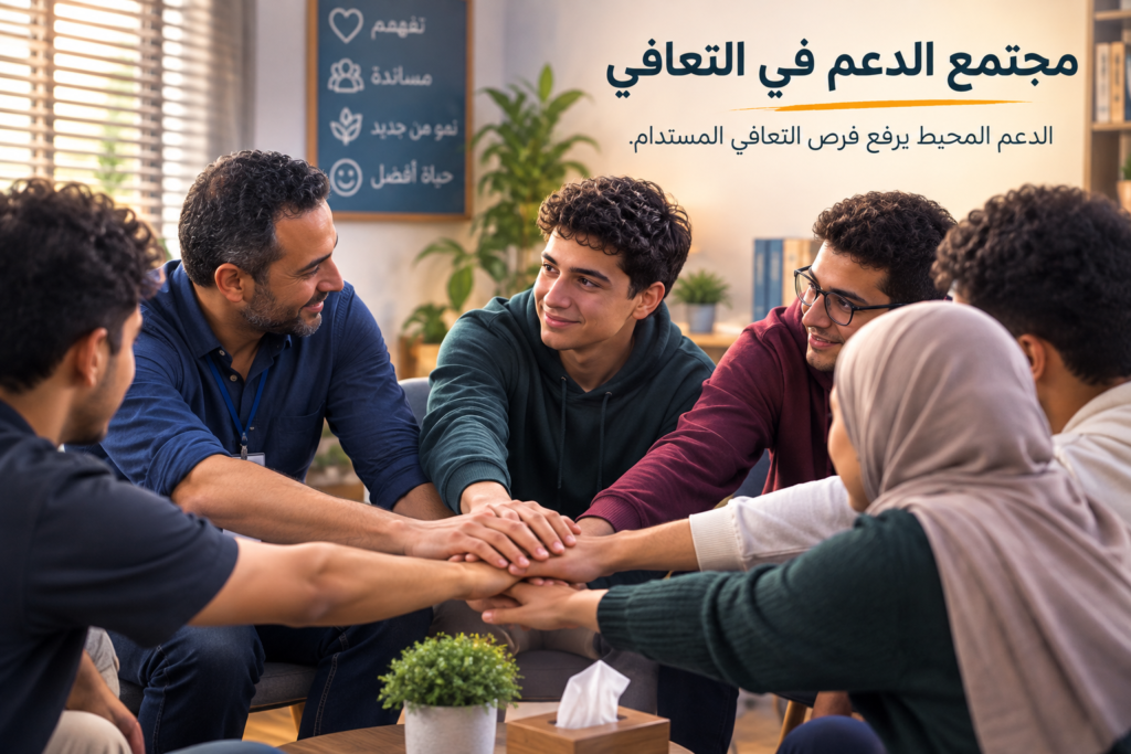 أيادٍ متشابكة ترمز إلى الدعم والمساندة في رحلة التعافي