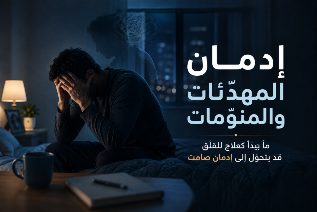إدمان المهدّئات والمنوّمات مثل الزاناكس والفاليوم وأعراضه · Caption: ما يبدأ كعلاج للقلق قد يتحوّل إلى إدمان صامت.